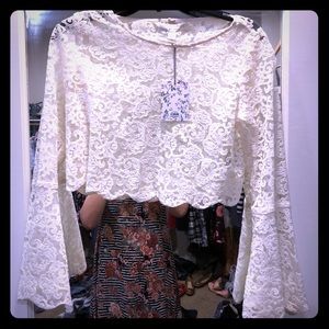 LC Lauren Conrad lace crop top with bell sleeve SM